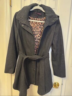 Betsey Johnson Charcoal Gray Belted Trench Coat with Leopard Lining